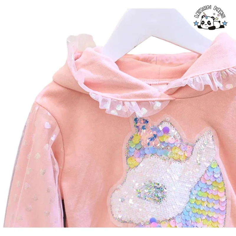 LEZONKIDS - New Fashion Kids Clothing Girls Sequined Unicorn Hoodie Denim Pearl Pants